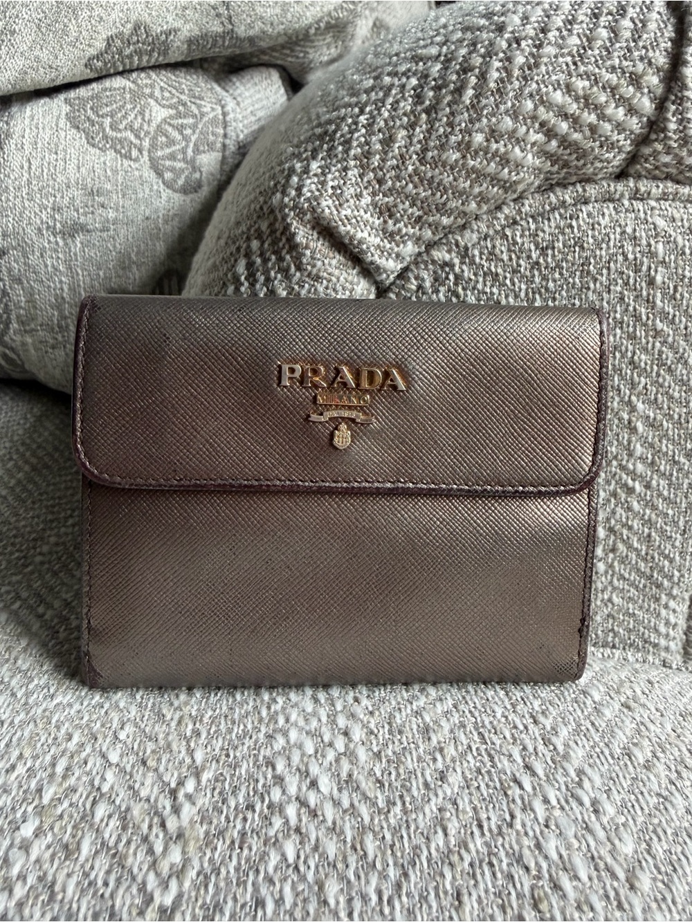 Prada Saffiano Leather Snap Wallet – Metallic Bronze